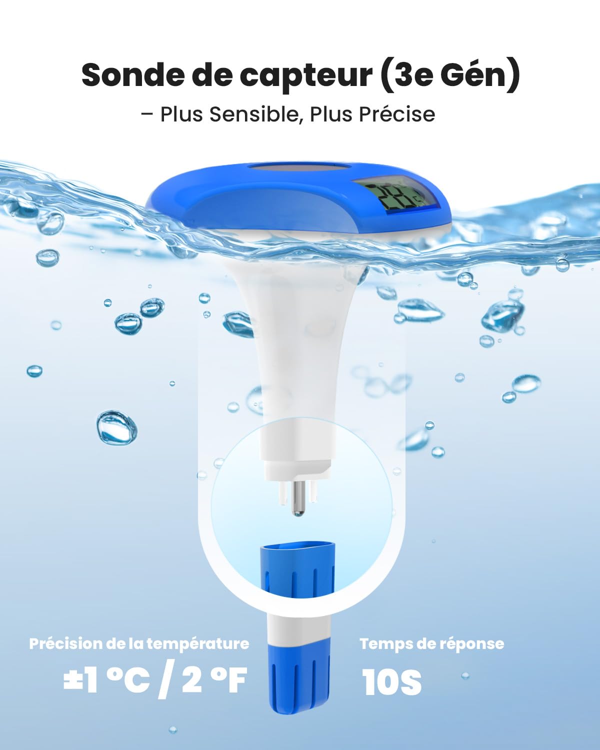 BALDR Thermometre Piscine flottant, à énergie solaire, étanche IPX8, convient pour piscine/jacuzzi/source d'eau chaude/aquarium (bleu profond)