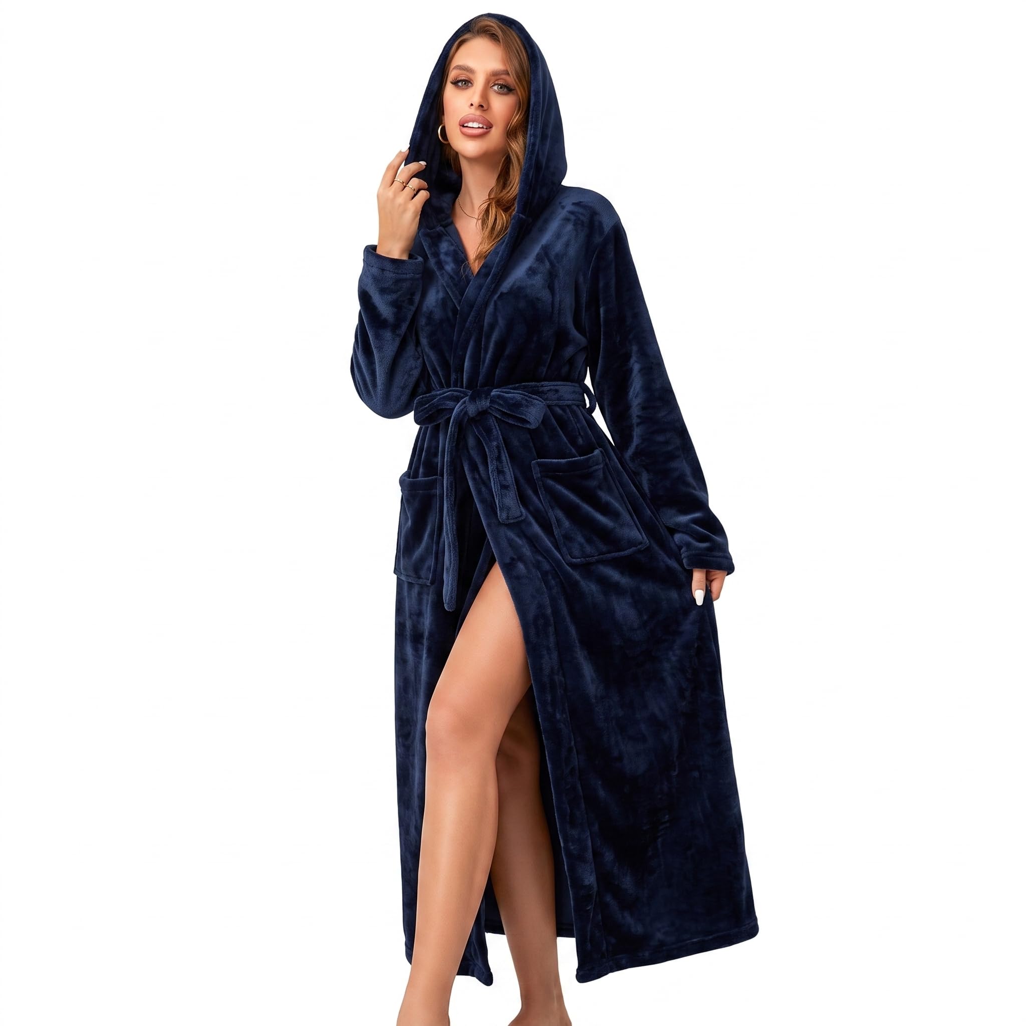 RONGTAI Langer Damen-Bademantel aus Plüsch-Fleece, dick, mit Kapuze, mit Taschen, flauschige Nachtwäsche für Herren