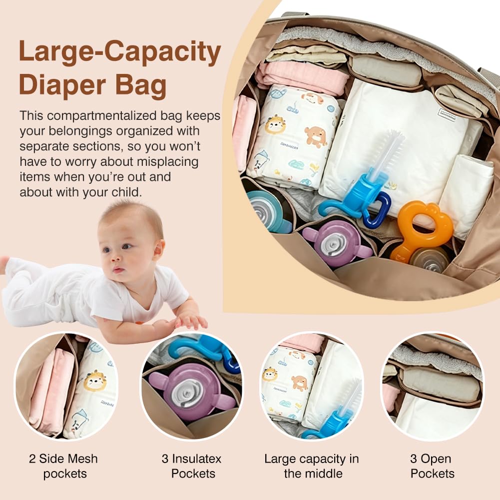 FARYODI Bolsa de pañales para bebé, bolsa de pañales multifuncional para mamás, bolsa de pañales grande con correa ajustable para el hombro, compartimento para chupete separado, para viajes, playa