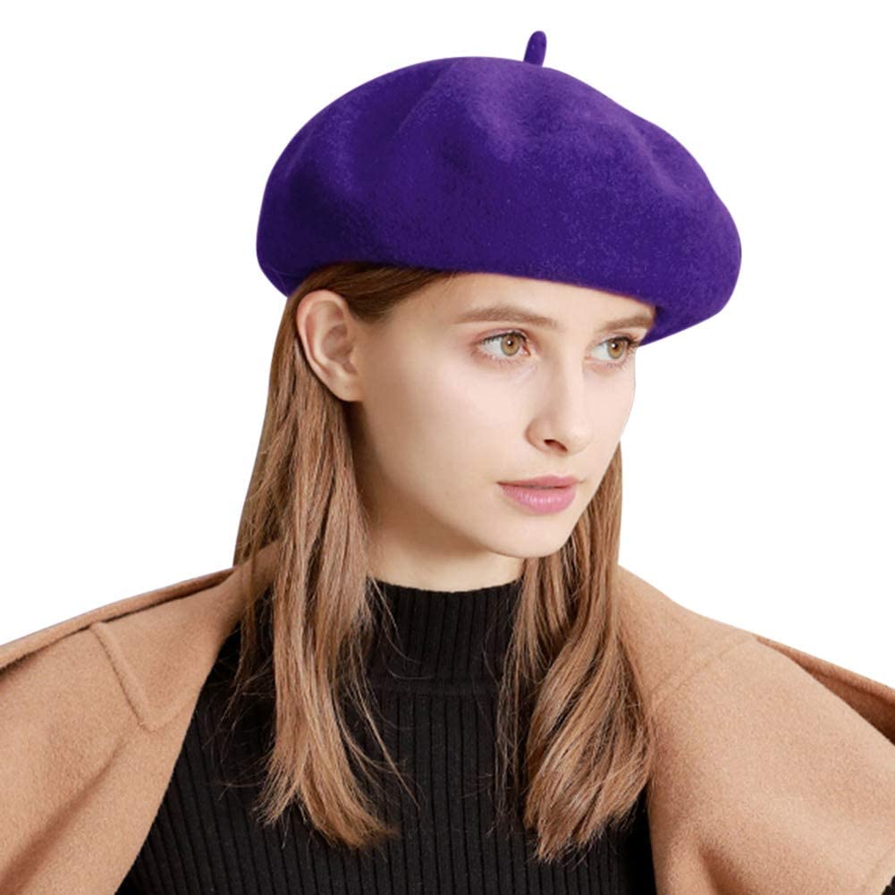 Xinchia Women's Purple Wool Felt Beret Hat French Style Beanie Cap Artist Hat Elegant Soft Stretchy Bowler Hat Classic Solid Winter Hat Winter Autumn Fashion Warmer Flat Caps Warm Dome Beret Hats
