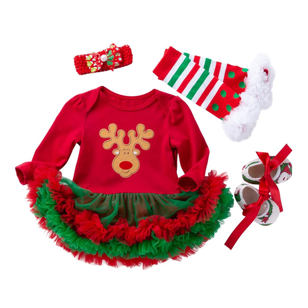 HUAANIUE Newborn Baby Girl Christmas Outfit Romper Tutu Dress With Headband Leg Warmer Shoes RedGreen 6-12 Months