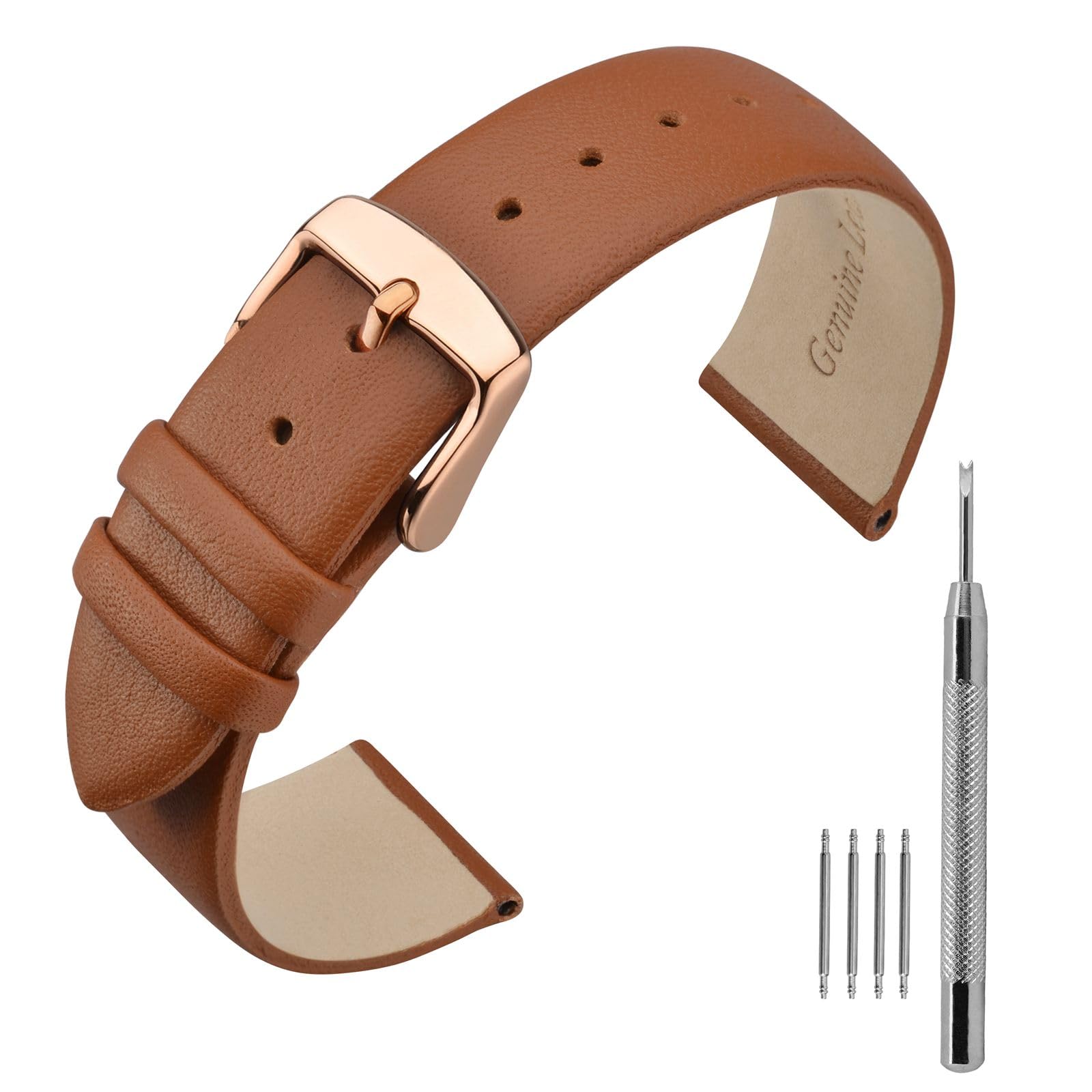 ANNEFIT Calfskin Leather Watch Straps 16mm, Thin Elegant Replacement Watch Band with Rose Gold Buckle (Brown)