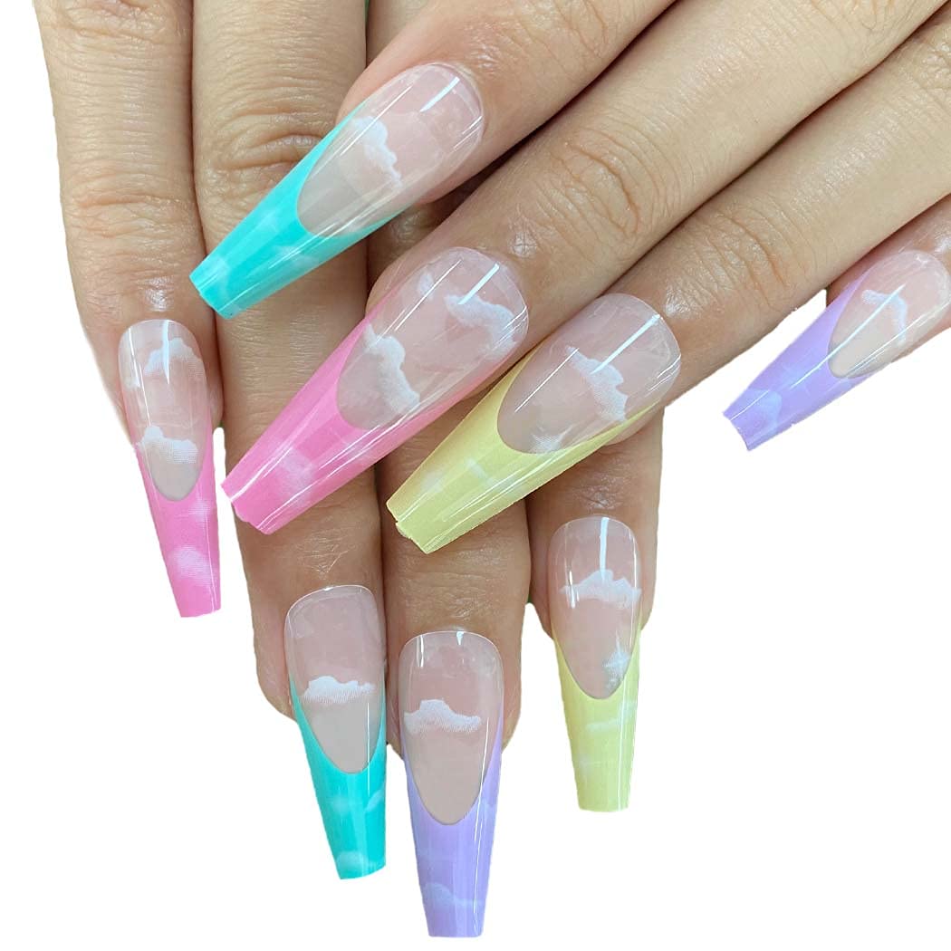 OutyuaHot Pink French Designer Press on Nails Rainbow Extra Long Fake Nails Coffin Ballerina Super Long False Nails Full Cover Acrylic Nails for Women and Girls 24Pcs (Cloud)