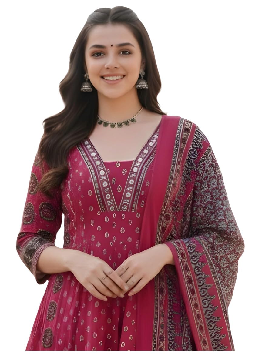 anni designer Women’s Pink Ajrakh Print Anarkali Kurta Palazzo Dupatta Set for Women | Pure Viscose Ethnic Suit Set Wedding Kurta Set for Women-picture-16