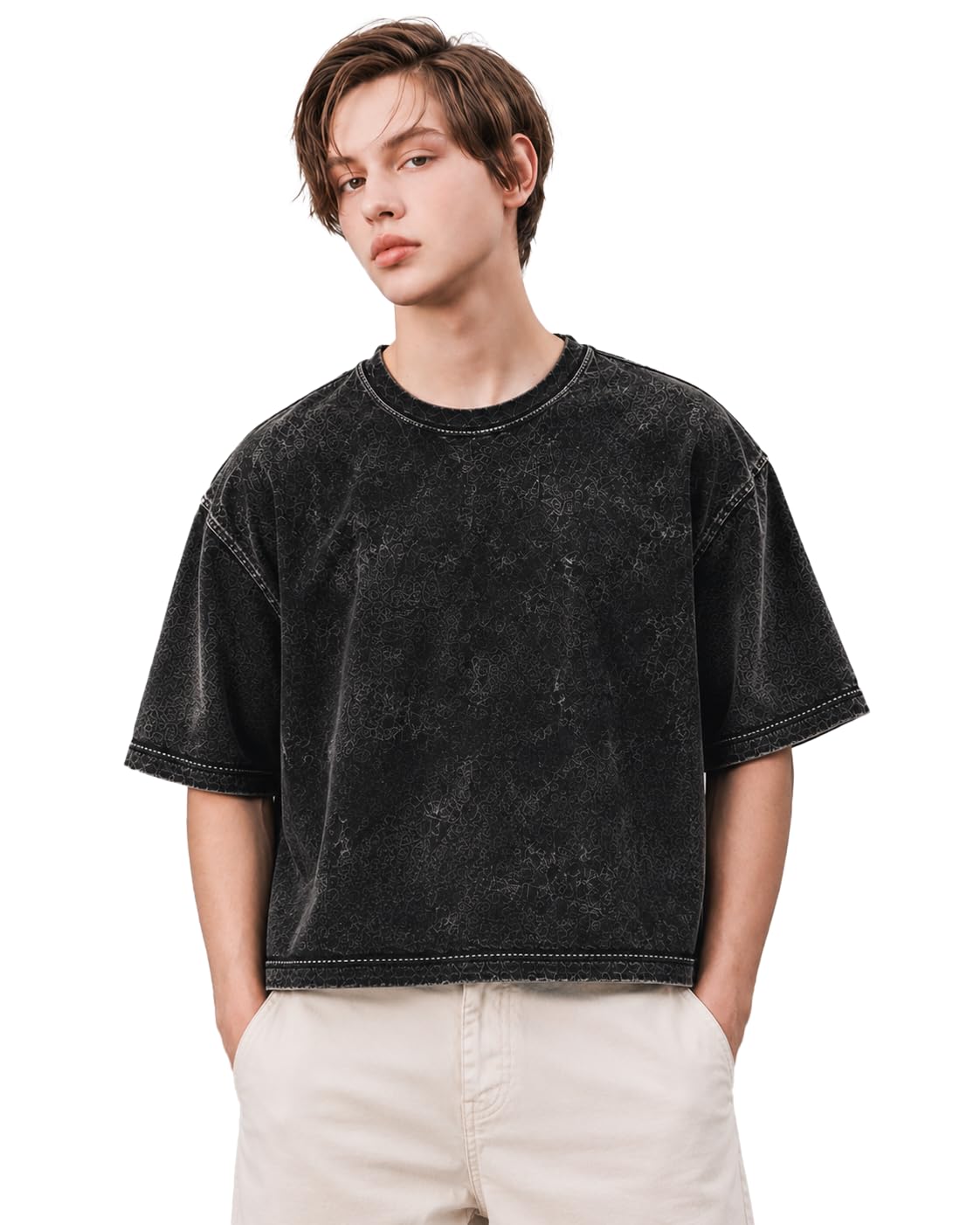 Acid Wash Boxy Fit T Shirt for Men | 100% Cotton Heavyweight Plain Oversized Style Tee | Vintage Washed Drop Shoulder Half Sleeve Round Neck Casual Streetwear Black T-Shirt-image-1