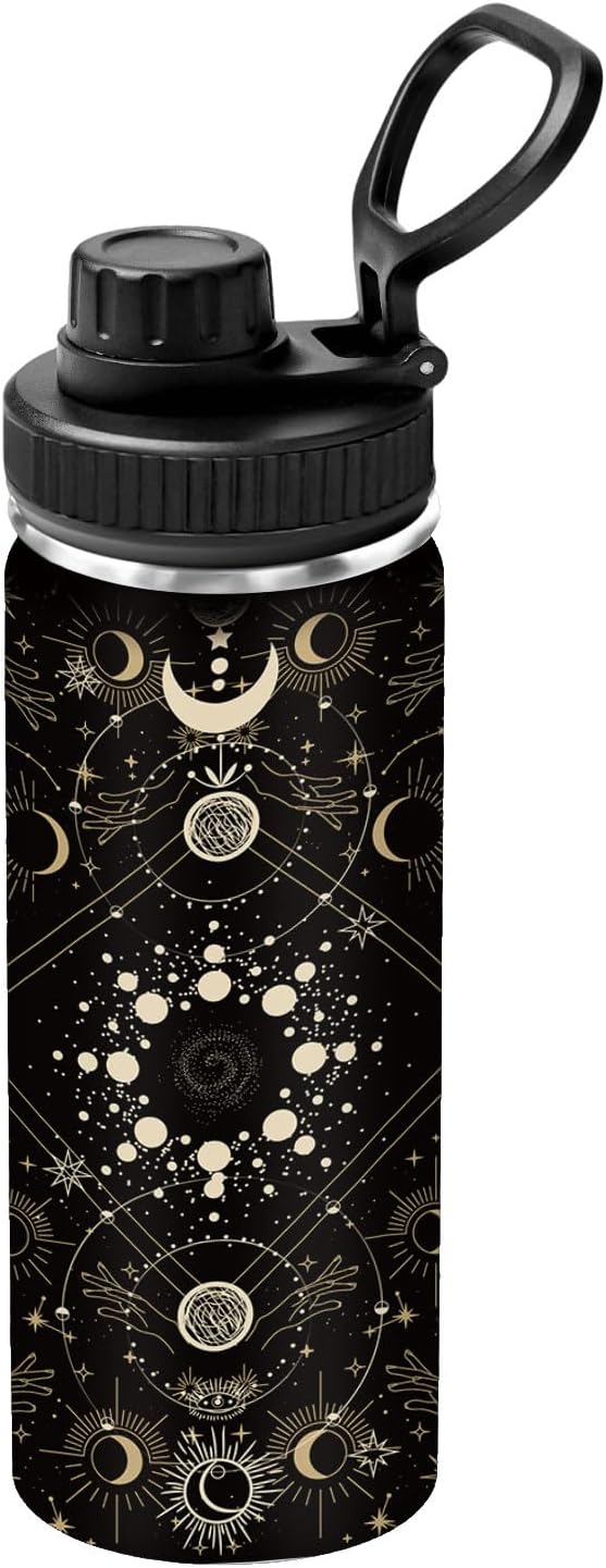 Goth Gifts for Women, Goth Water Bottle, Stainless Steel Moon Witchy Tumbler for Home with 2 Lids & Handle, Anti Slip Silicone Boot, 18 Oz Leak-Proof Bottle for Goths Style Lovers, 1 PCS