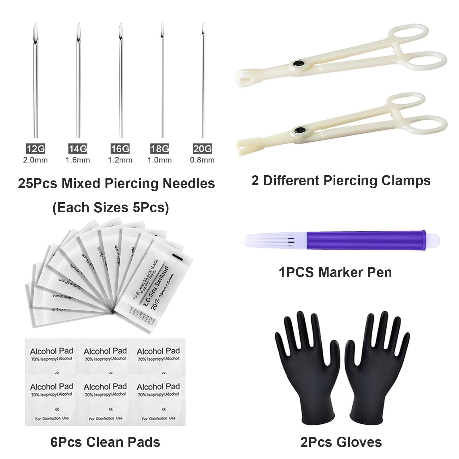 Piercing-Set, 36-teiliges Piercing-Klemmen-Set mit 25 gemischten 12 g, 14 g, 16 g, 18 g, 20 g, 20 g, 2 Piercing-Klemmen, 6 Reinigungswerkzeuge, 2 Handschuhe, 1 Markerstift für Piercing-Werkzeug