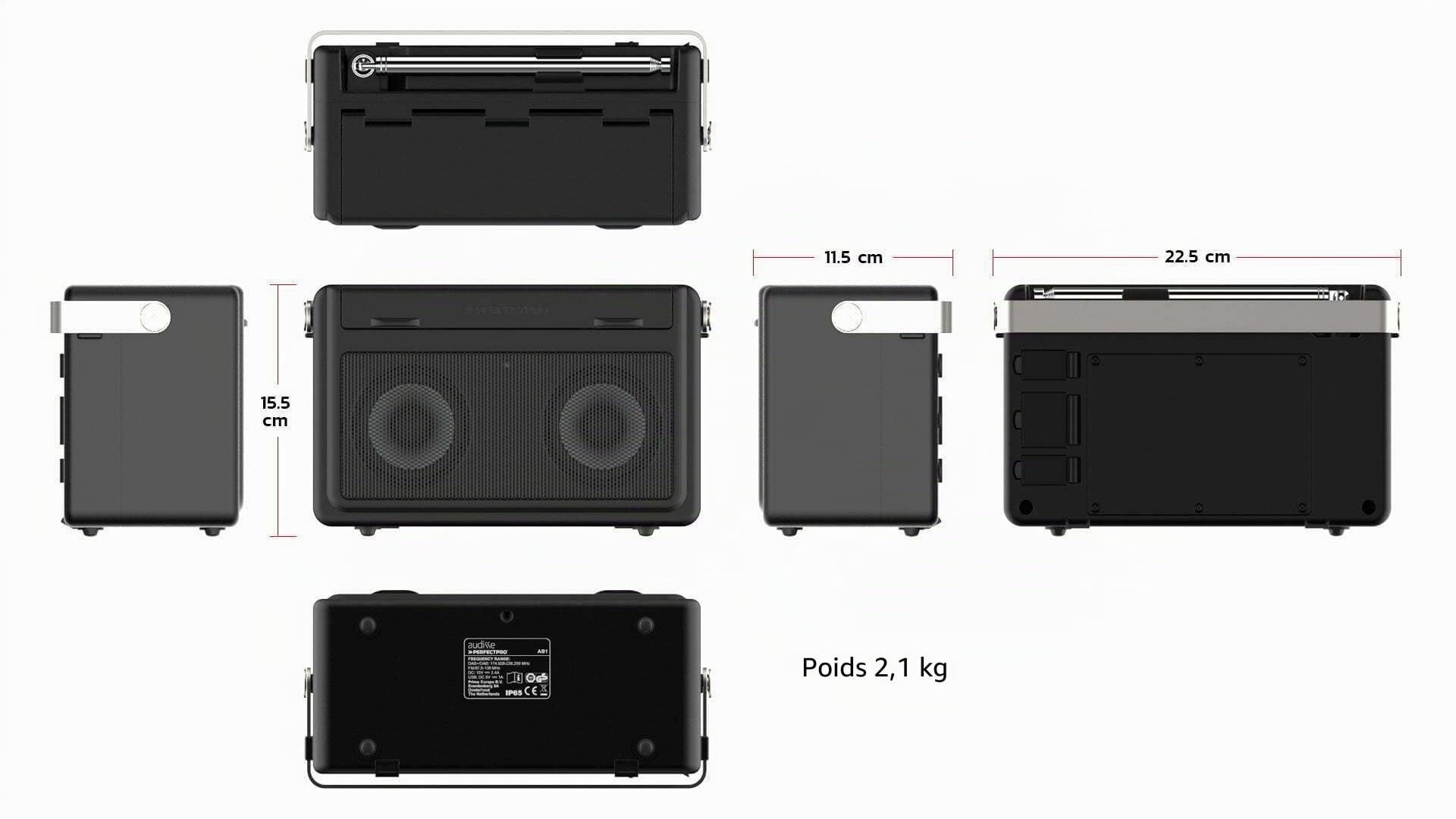 PerfectPro Radio de Chantier AUDISSE - Dab + Enceinte Bluetooth avec réception FM - Chargeur et Pile au Lithium Inclus - Résistante aux Chocs - Radio Portable avec Ports AUX et USB