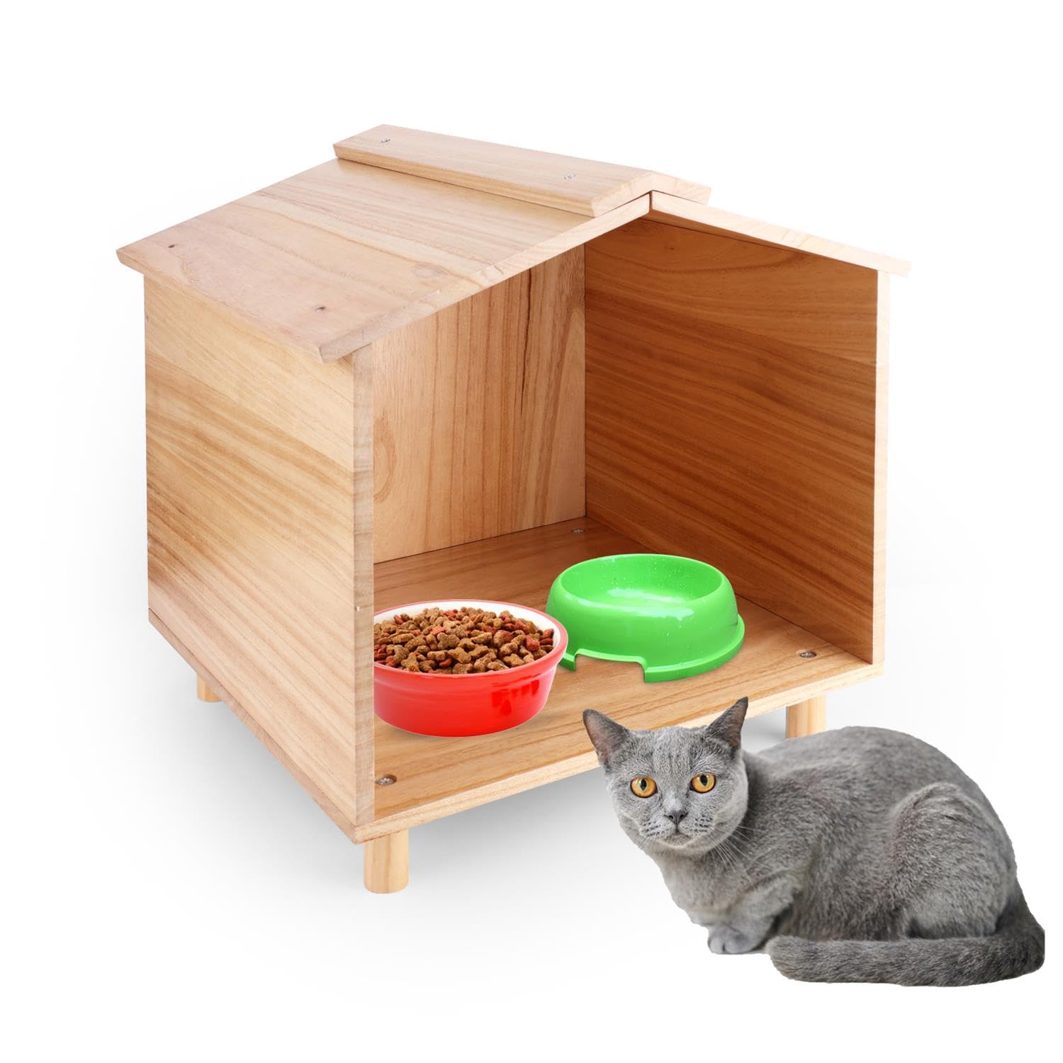Maison d'Extérieur pour Chat, Salle à Manger Extérieure en Bois pour Chat Maison Étanche pour Chat Station d'alimentation Extérieure pour Chat Chien Oiseaux Lapins
