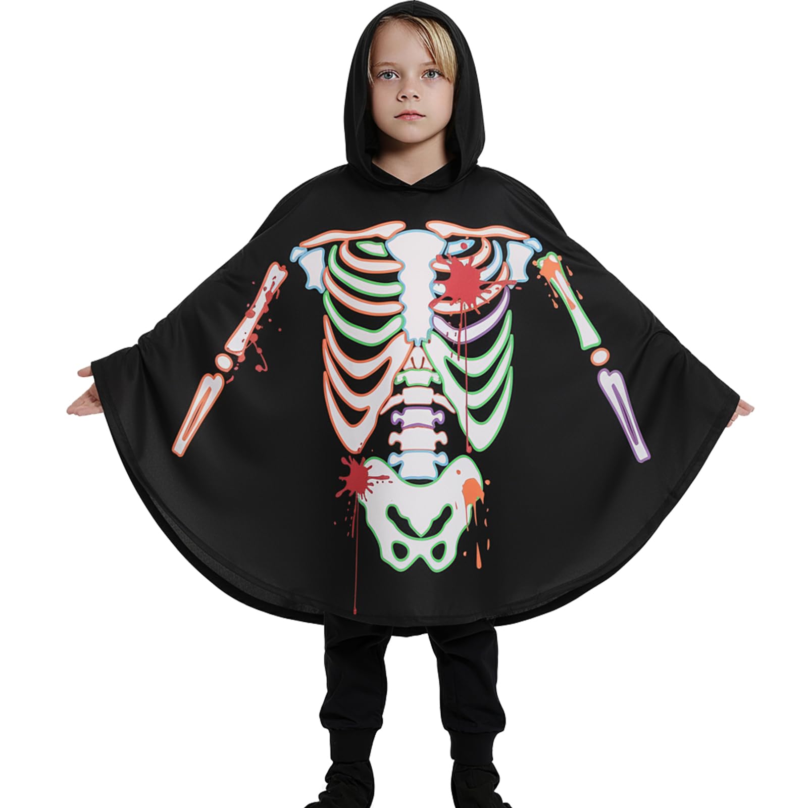 Hotfiary Kids Skeleton Costume Glow in the Dark, 6-9 Years, Boys Girls Halloween Costume Cape Hooded Cloak, Toddler Luminous Skeleton Outfit Hoodie Poncho, Children Spooky Fancy Party Dress Up