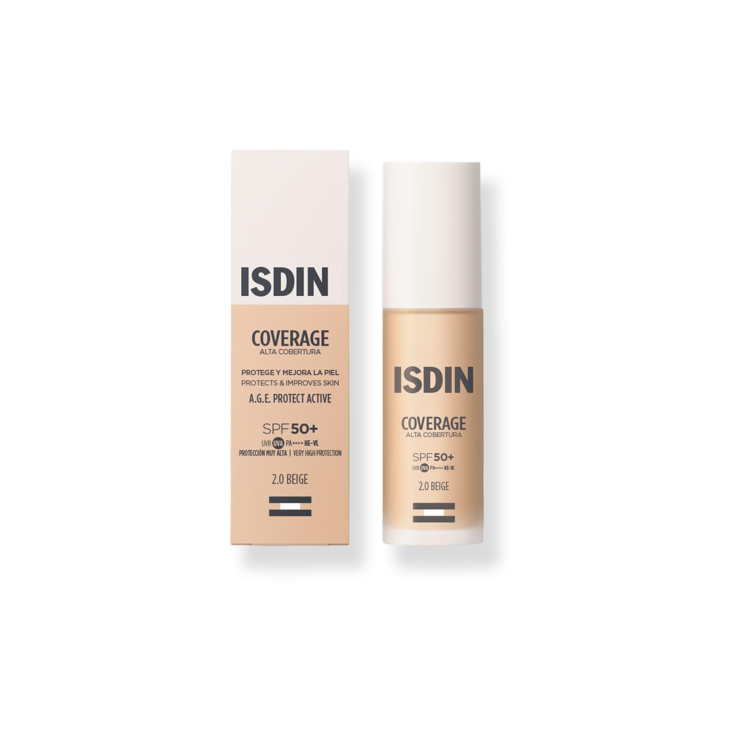ISDIN Coverage SPF 50, Base de maquillaje con muy alta protección solar, acabado natural, acción antiedad, reduce arrugas y líneas de expresión - 30ml