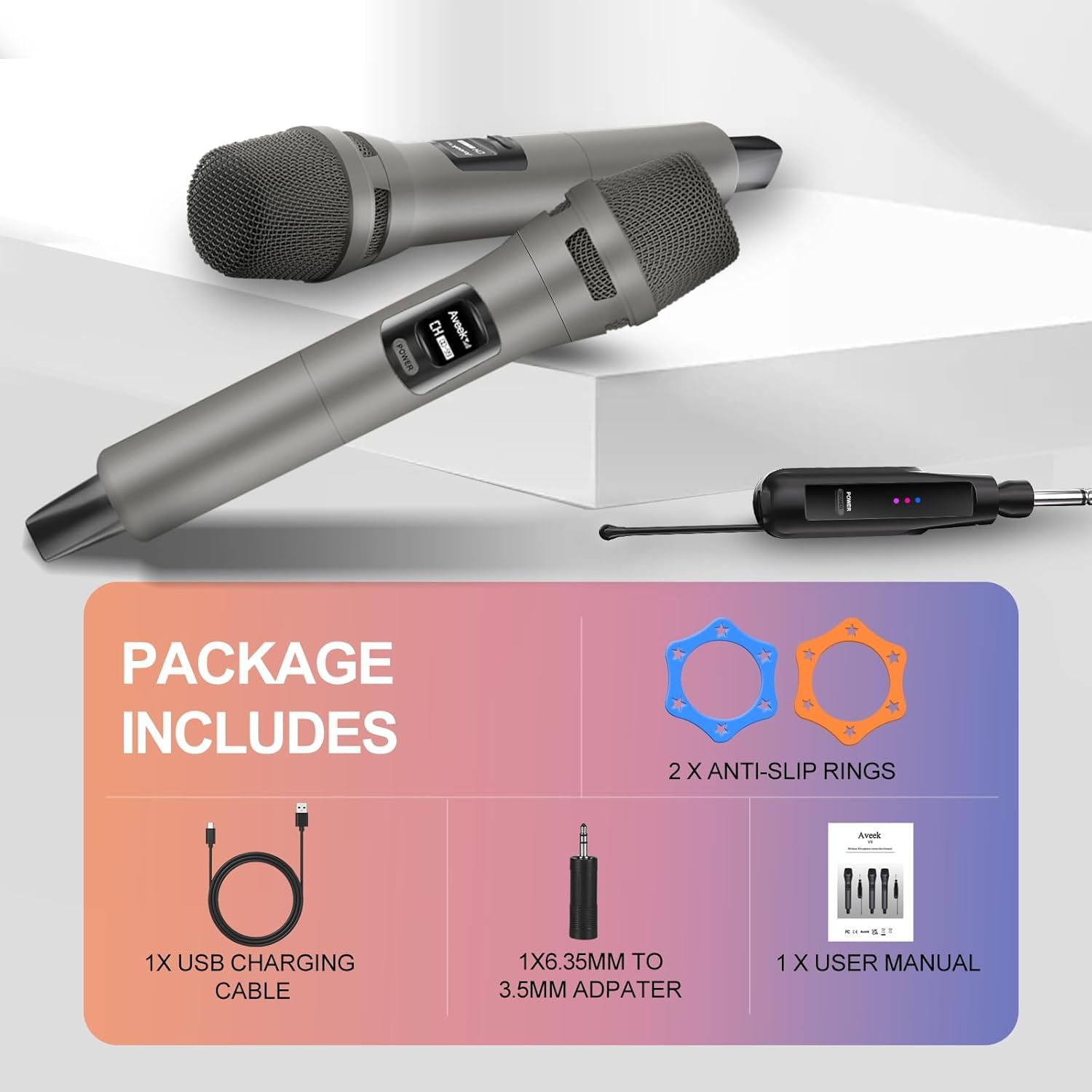 Aveek Kabelloses Karaoke Mikrofon Set 2.4G, Wiederaufladbar mit USB-C, 6,35mm/3,5mm Anschluss, 30m Reichweite, 2er Set