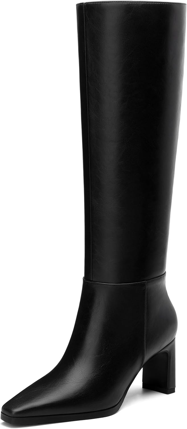 SHOWFOREST Women's Knee High Boots Chunky Heel Square Toe Side Zipper Tall Boots Comfortable Fall Winter Boots Casual Dressy 2.5 Inch