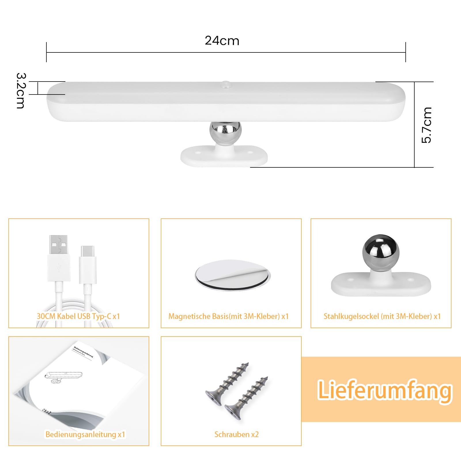 CBJKTX 6x Unterbauleuchte Küche LED Schrankbeleuchtung mit Bewegungssensor | - Küchenlampe USB Aufladbar Akku Nachtlicht Kabellos Schranklicht 24CM Magnet Innen Unterschrank Beleuchtung