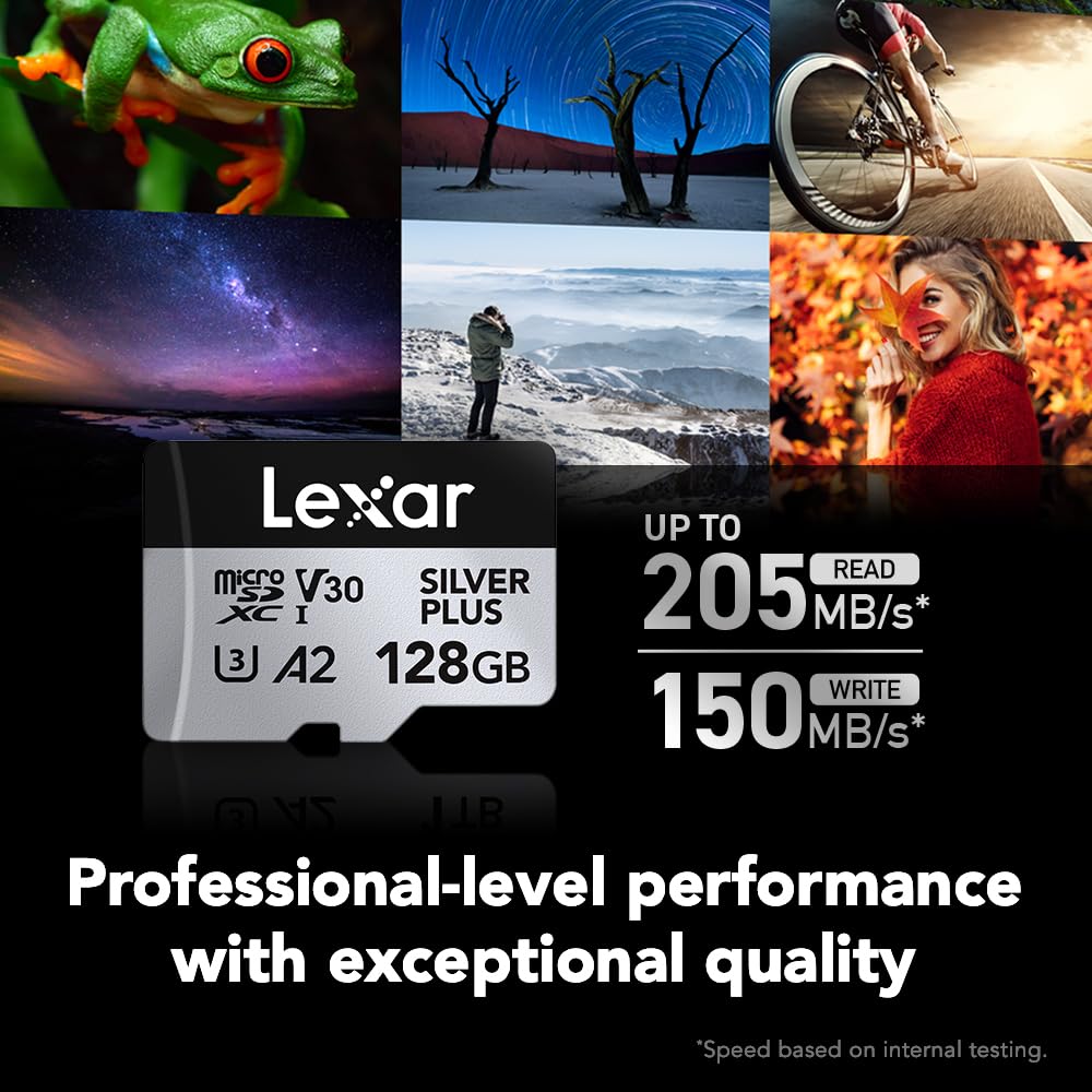 Lexar Silver Plus Lot de 2 cartes mémoire microSDXC professionnelles UHS-I, C10, U3, V30, Full HD et vidéo 4K, jusqu'à 205/150 Mo/s en lecture/écriture, pour vidéastes, joueurs (LMSSIPL128G-B2ANU)