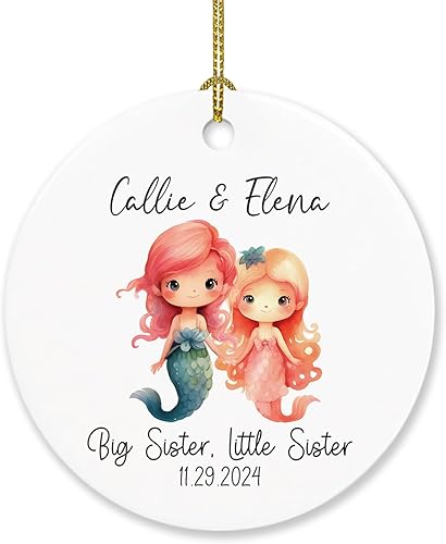 Adorno de Navidad personalizado para hermana mayor, hermana pequeña, sirena, árbol de Navidad, regalo con nombres y fecha personalizados, adornos de