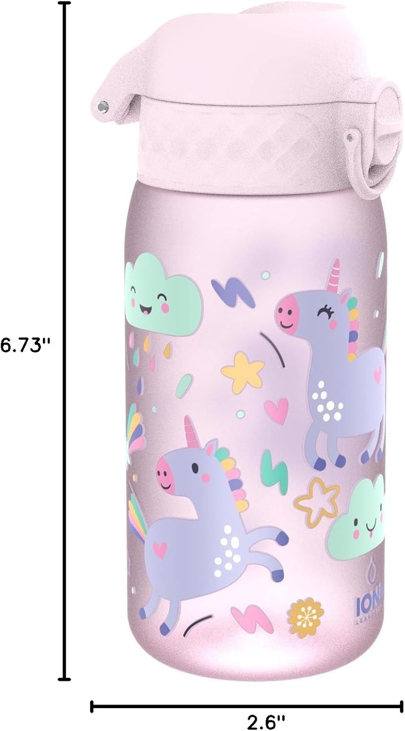 Ion8 Small Water Bottle, 350 ml/12 oz, Leak Proof, Easy to Open, Secure Lock, Dishwasher Safe, BPA Free, Carry Handle, Hygienic Flip Cover, Easy Clean, Odor Free, Carbon Neutral, Pink, Unicorn Design