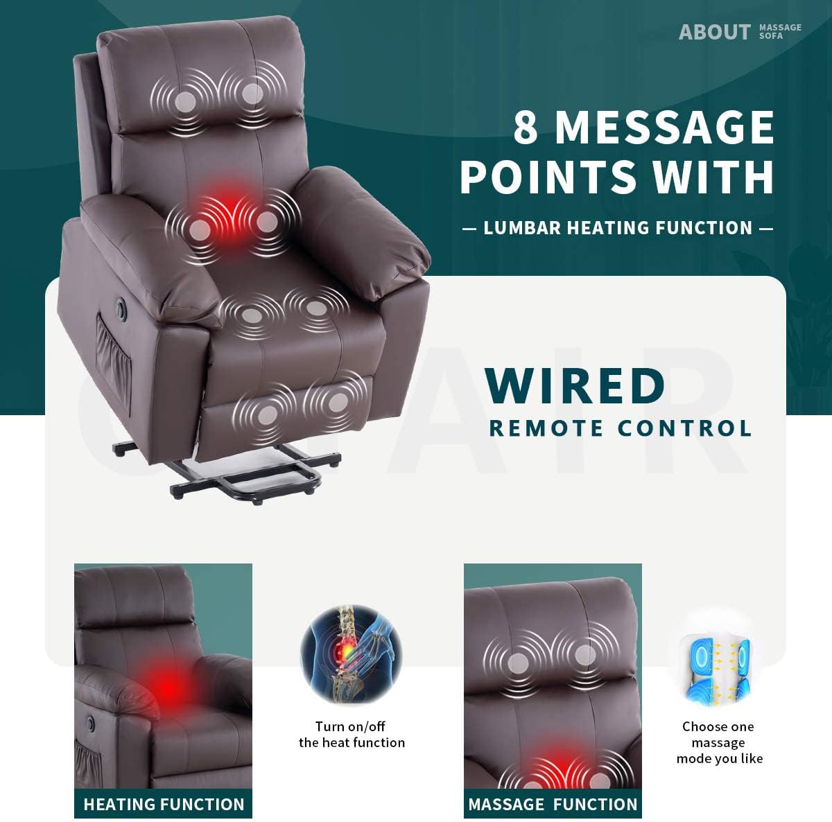 EROMMY Power Lift Recliner Chair, PU Leather Recliner with Massage and Heat for Elderly, Side Pocket, Wired Remote Control, Brown