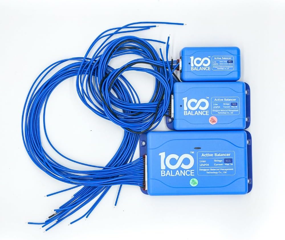 Exploded view diagram of the 100Balance Active Balancer showing internal components and case features