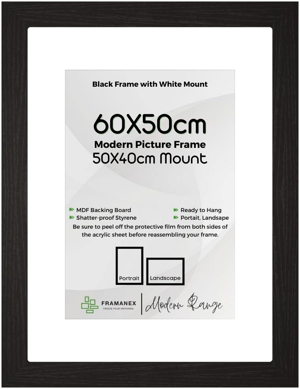 FRAMANEX BLACK Large Picture Poster Frame Size 23.62 X 19.69 inch, 60 X 50cm, 600 X 500mm with White mount to fit image print size 20 X 16 inches, 50 X 40cm, 500 X 400mm [BLACK Frame]