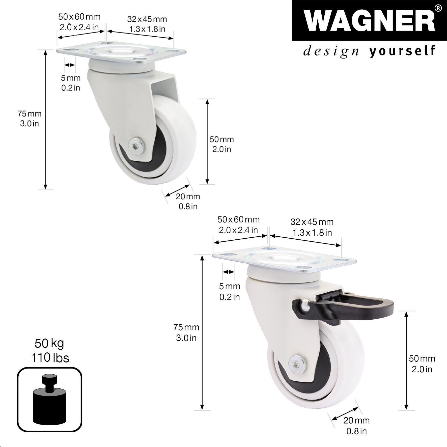 Wagner Design — 3C — kółka skrętne/rolki do aparatów/kółka meblowe 4-częściowy zestaw — biały, miękka powierzchnia, średnica 50 mm, 2 rolki bez i 2 z blokadą, łożyska kulkowe, nośność 50 kg /