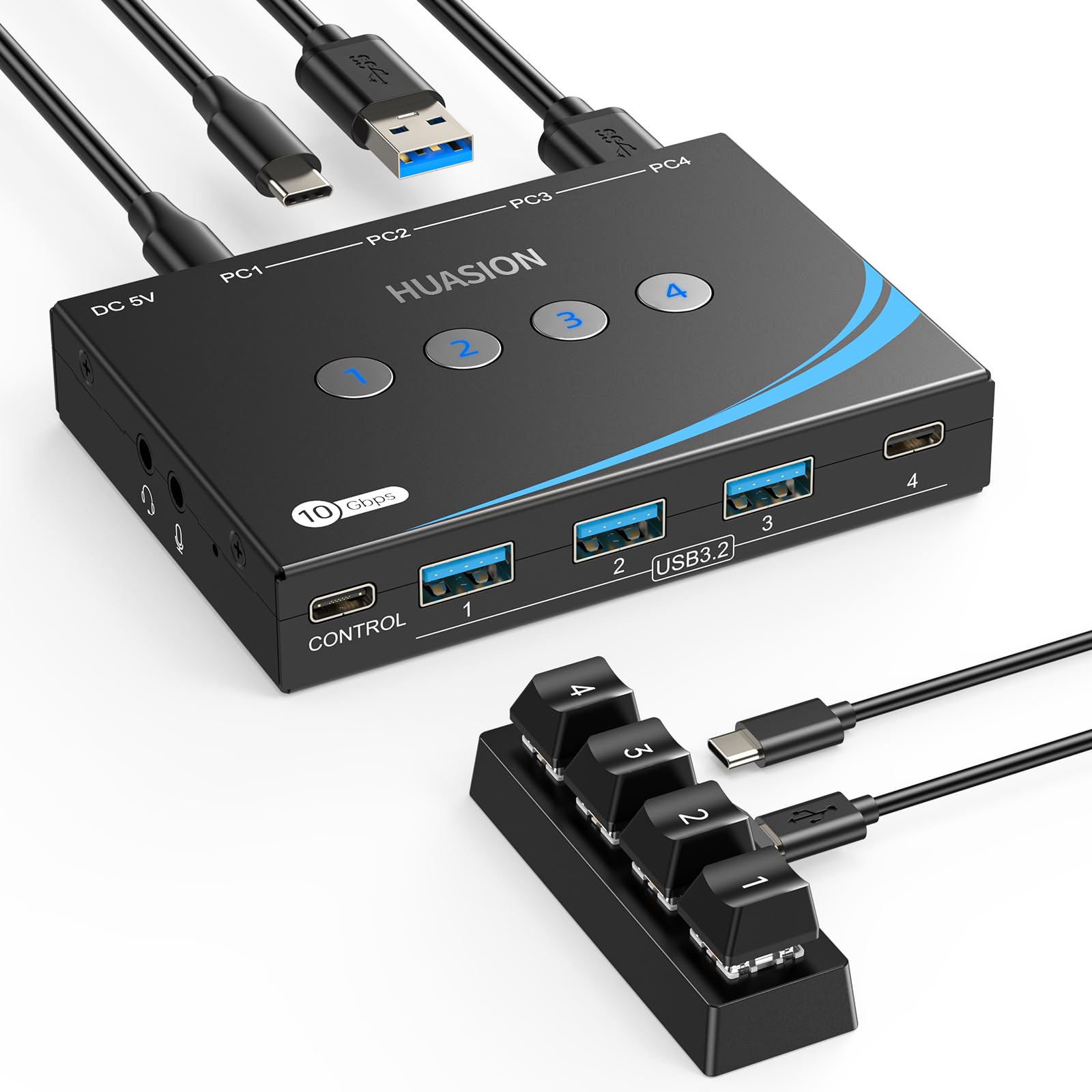 USB 3.2 Switch for 4 Computers 2 USBC+2 USBA 10Gbps Inputs, Share 1 USBC+3 USBA Peripherals Like Mouse Keyboard Printer Scanner,Come with 3.5mm Mic Headphone Jack, 4 Cables & Controller