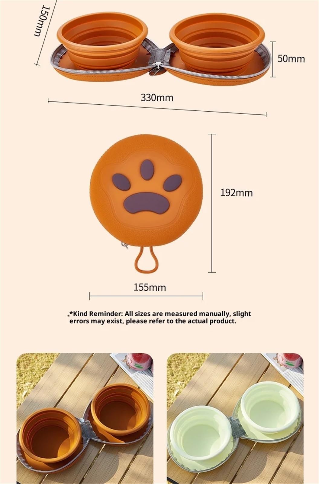 Gamelle pliable en silicone pour animal domestique - Double gamelle - Pour l'extérieur et les voyages - Marron et rose
