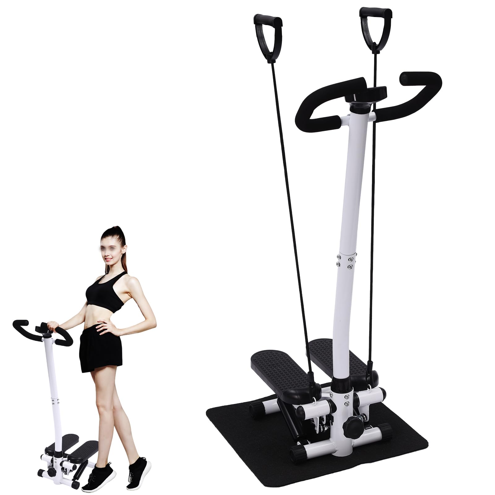 Stepper do domu, z matą i 2 taśmami oporowymi, Stairmaster do domu z kierownicą, czarny stepper do codziennego treningu, do 150 kg, 29 x 39 x 110 cm