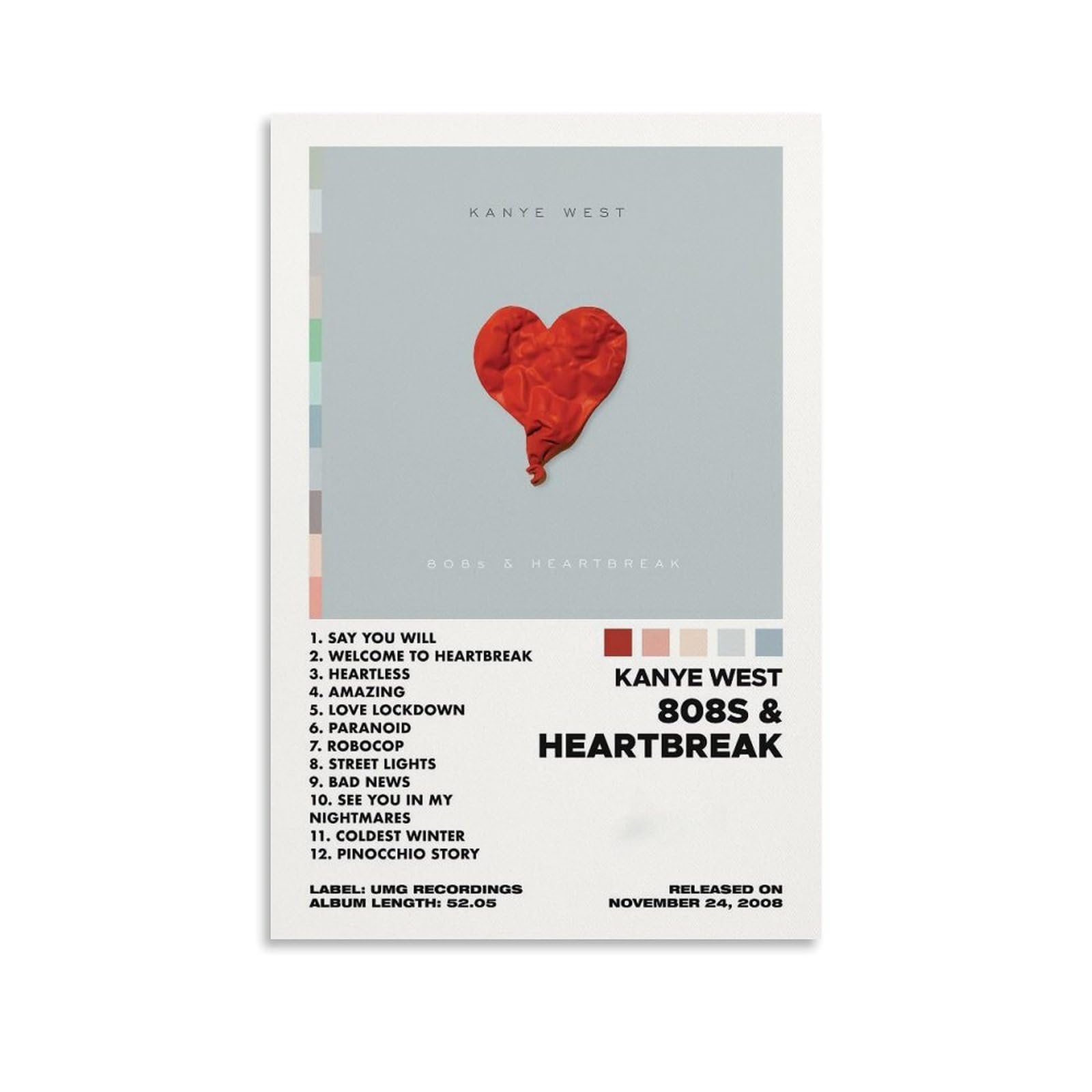 Kanye Poster West 808s & Heartbreak Album Cover Poster Country Pop Singer Music Posters for Room Aesthetic Retro Canvas Wall Art Prints Room Decor 16x24inch(40x60cm) Unframe-style
