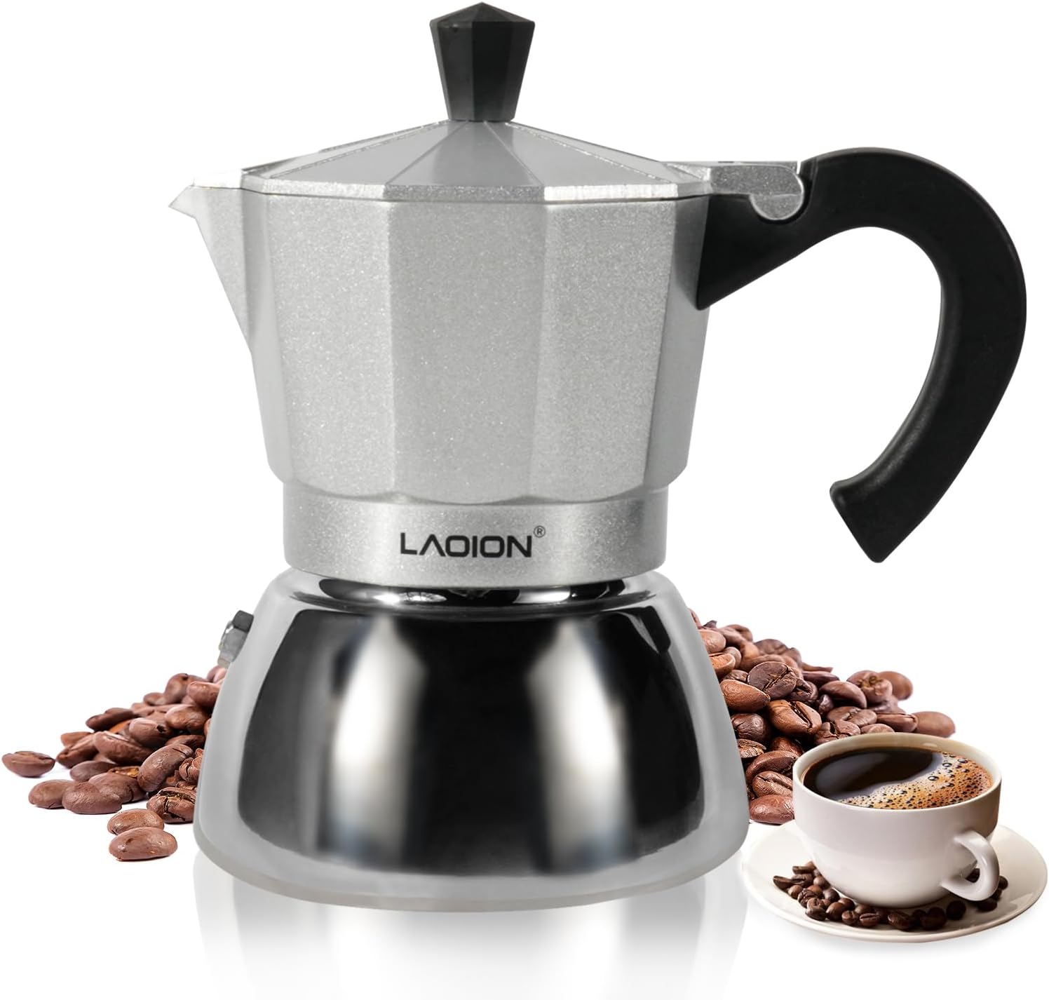 LAOION Stovetop Espresso Maker, 3Cup Moka Pot, Espresso Machine Compatible with Induction Cooktops, 150ml Stainless Steel & Aluminum Cuban Coffee Maker for Cafetera Cubana, Silver