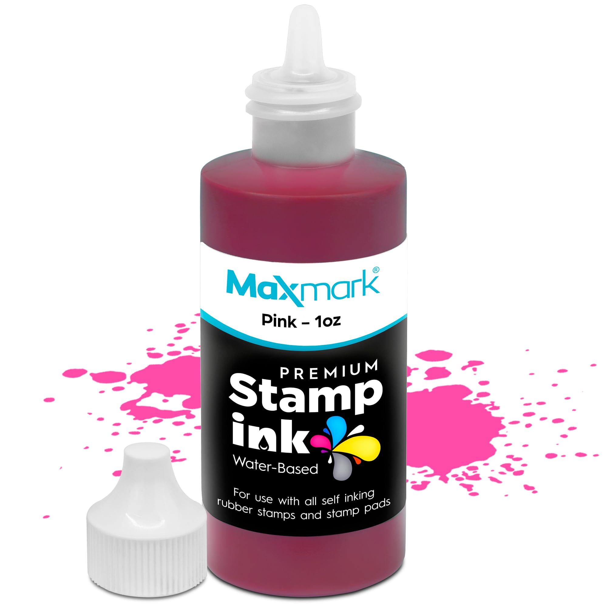 MaxMark Premium Refill Ink with Control Tip Bottle for Self-Inking Stamps, Pink Color - 1 oz.