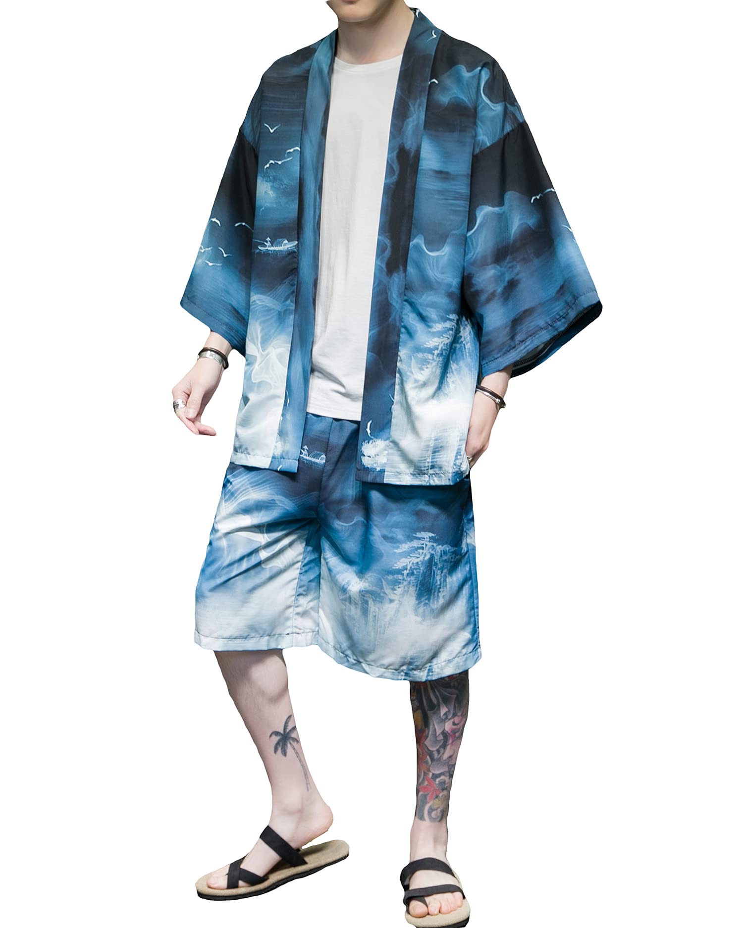 PRIJOUHE Kimono de estilo japonés para hombre, conjuntos de pantalones ligeros, casuales, siete mangas, cárdigan y pantalones cortos