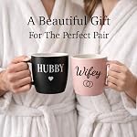 Triple Gifffted Hubby and Wifey Coffee Mugs Set, Mr and Mrs Couples Gift for Wedding, Anniversary, Engagement, Valentines, Christmas Day, His Hers Present for Husband Wife, Newlyweds, 13oz Ceramic