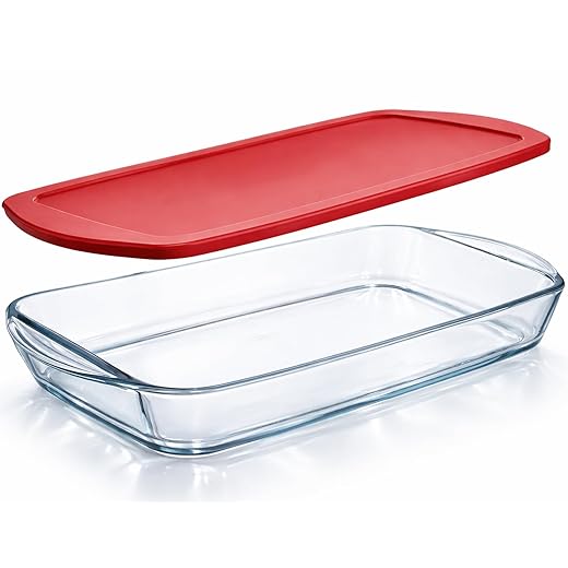 Ums 4-Qt Glass Baking Dish with Lid, Casserole Dishes for Oven with Lids, Borosilicate Glass Cookware, Oven Safe, Microwave and Dishwasher Safe Clear Bakeware, (15.7'' x 9.8'' x 2.4'')