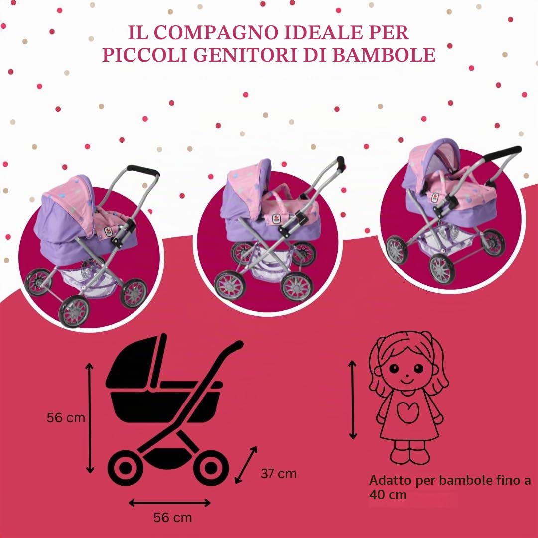 Bayer Chic 2000® Carrozzina per bambole Smarty – Cuoricino viola – Pieghevole – con tettuccia, borsa, cuscino e coperta – Altezza manico 56 cm – Per bambini dai 2 anni in su