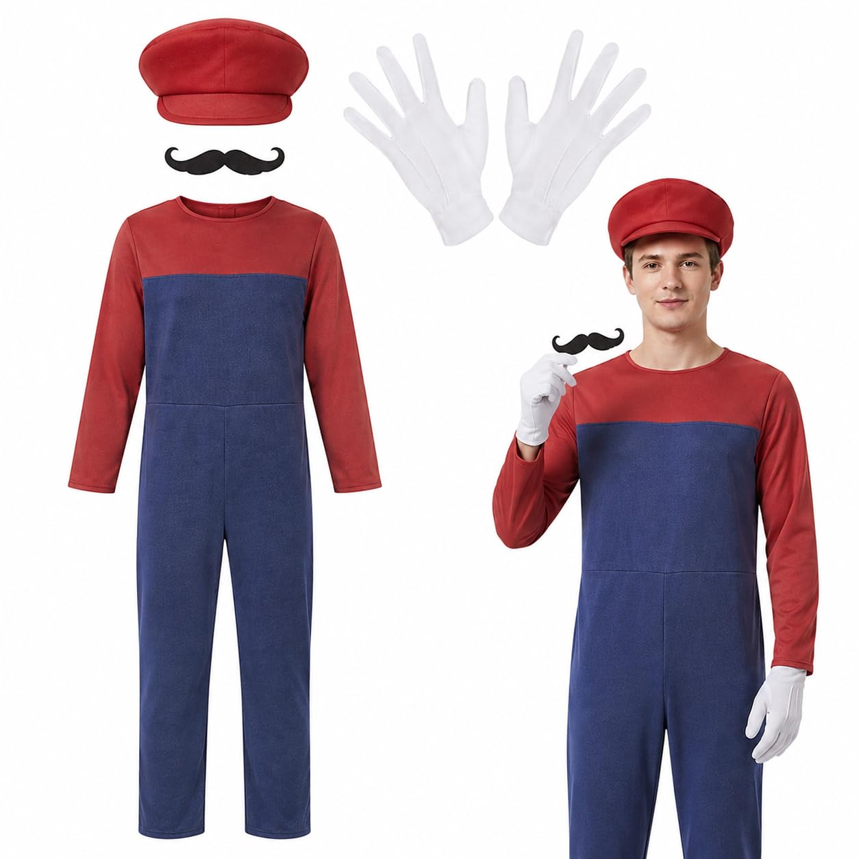 JaiZvt Red Halloween Costumes Adult Men, 4 Pack Workman Cosplay Costume Kits with Bodysuit Hats Cap Mustaches White Gloves