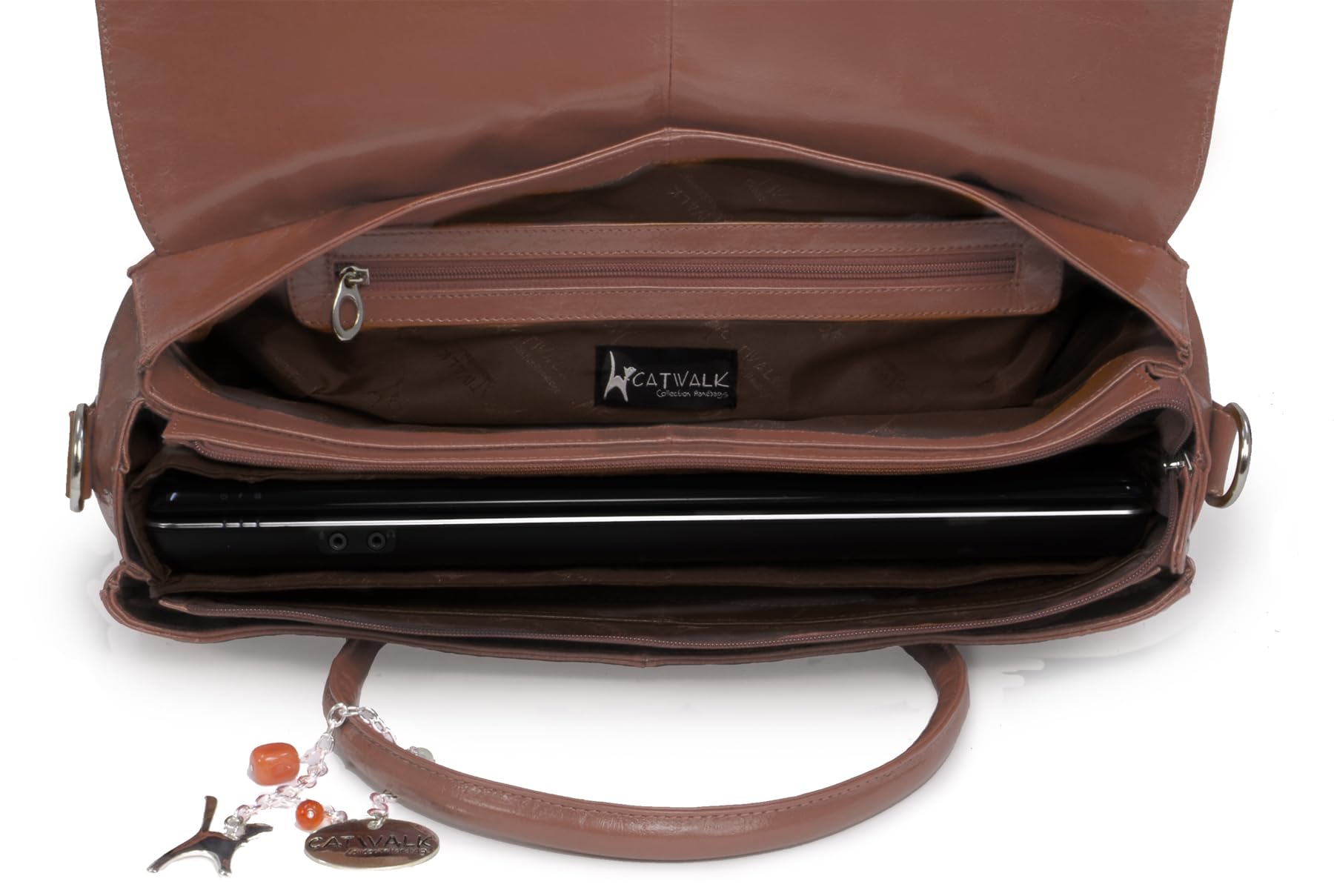 Catwalk Collection Handbags - Borsa a Tracolla Grande in Pelle Porta PC 17 Pollici - Valigetta 24 Ore Donna - Scomparto Imbottito - Helena - Marrone