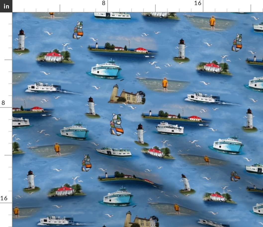 Spoonflower Fabric - Island Paradise Lighthouse Ocean Lake Nautical Blue Red White Fish Sea Printed on Petal Signature Cotton Fabric by The Yard - Sewing Quilting Apparel Crafts Decor