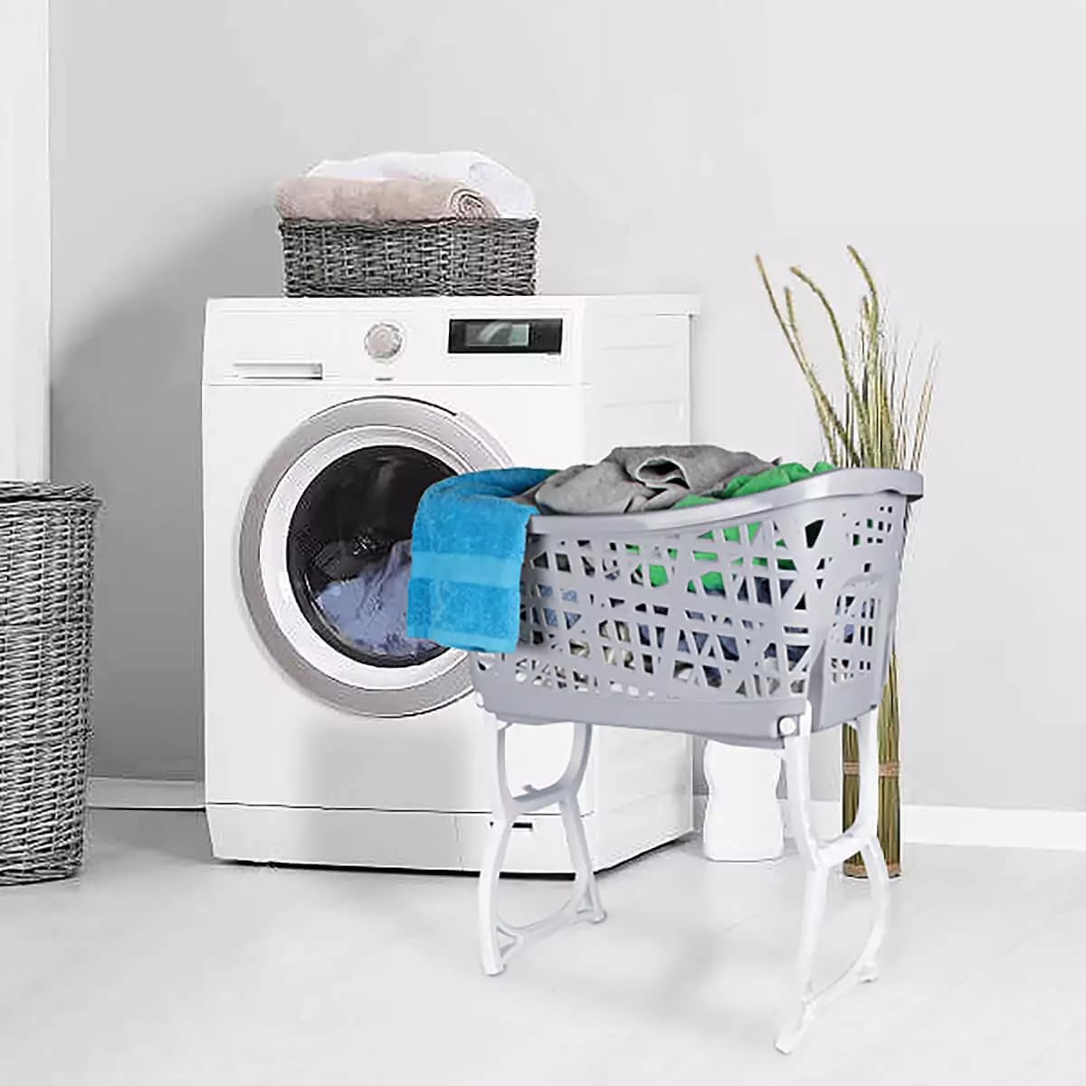Cesto para Ropa Sucia Plegable con Patas, Cesta de Colada 40L, Diseño Ventilado de Rejilla, Cesto Lavandería de Plástico Fácil de Limpiar, Gris y Blanco, 59 x 38,5 x 69 cm