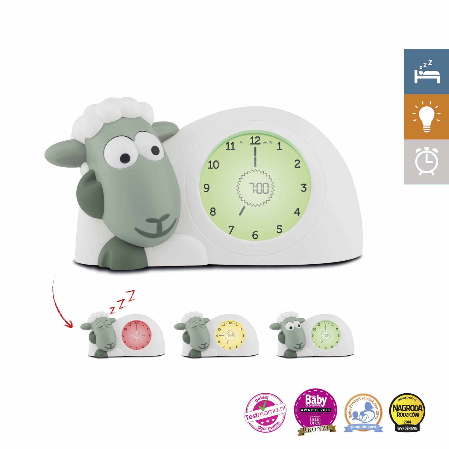 ZAZU Orologio Sam The Lamb – Orologio da letto e luce notturna per bambini | Insegna al tuo bambino con indicatori visivi quando svegliarsi | Luminosità regolabile | Spegnimento automatico (Sage)
