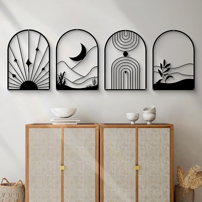 Image of SHILP HANDICRAFT 4 Pack Boho Abstract Wood Wall Art | Minimalist Decor Bohemian Line Art | Geometric Line Sun Moon Arch Leaf, 3D Textured Sculptures, for Living Room Bedroom 12 inch (6)