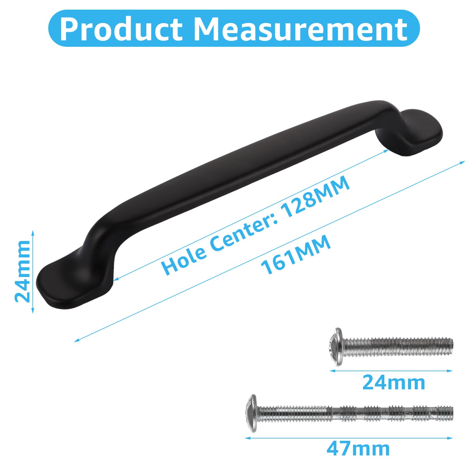 WOPPLXY 24 PCS Cabinet Drawer Handles 128mm Hole Center - Matt Black Kitchen Cupboard Handles - 160mm Drawer Door Handles Pull - Black Zinc Alloy Handles for Kitchen, Bedroom, Bathroom - Image 2