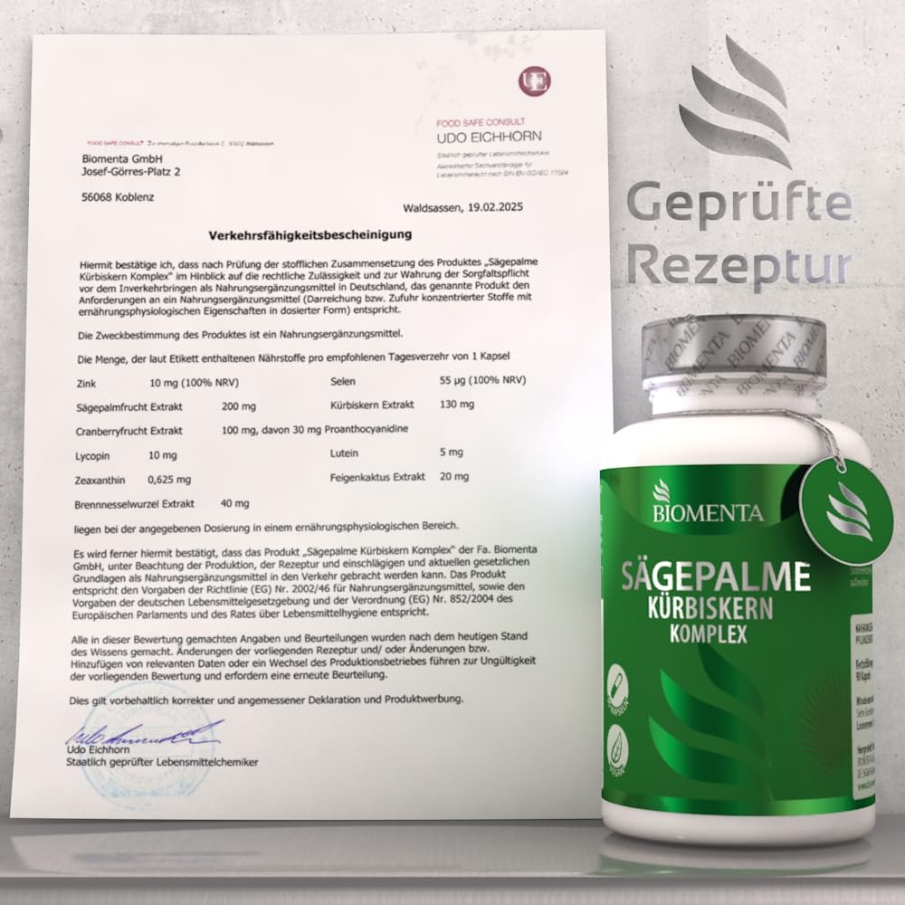 BIOMENTA Sägepalme Kürbiskern Komplex – 90 hochdosierte Kapseln - synergetischer Wirkstoffkompex + Cranberry, Tomate, Brennessel, Lutein, Zeaxanthin, Feigenkaktus + Zink & Selen