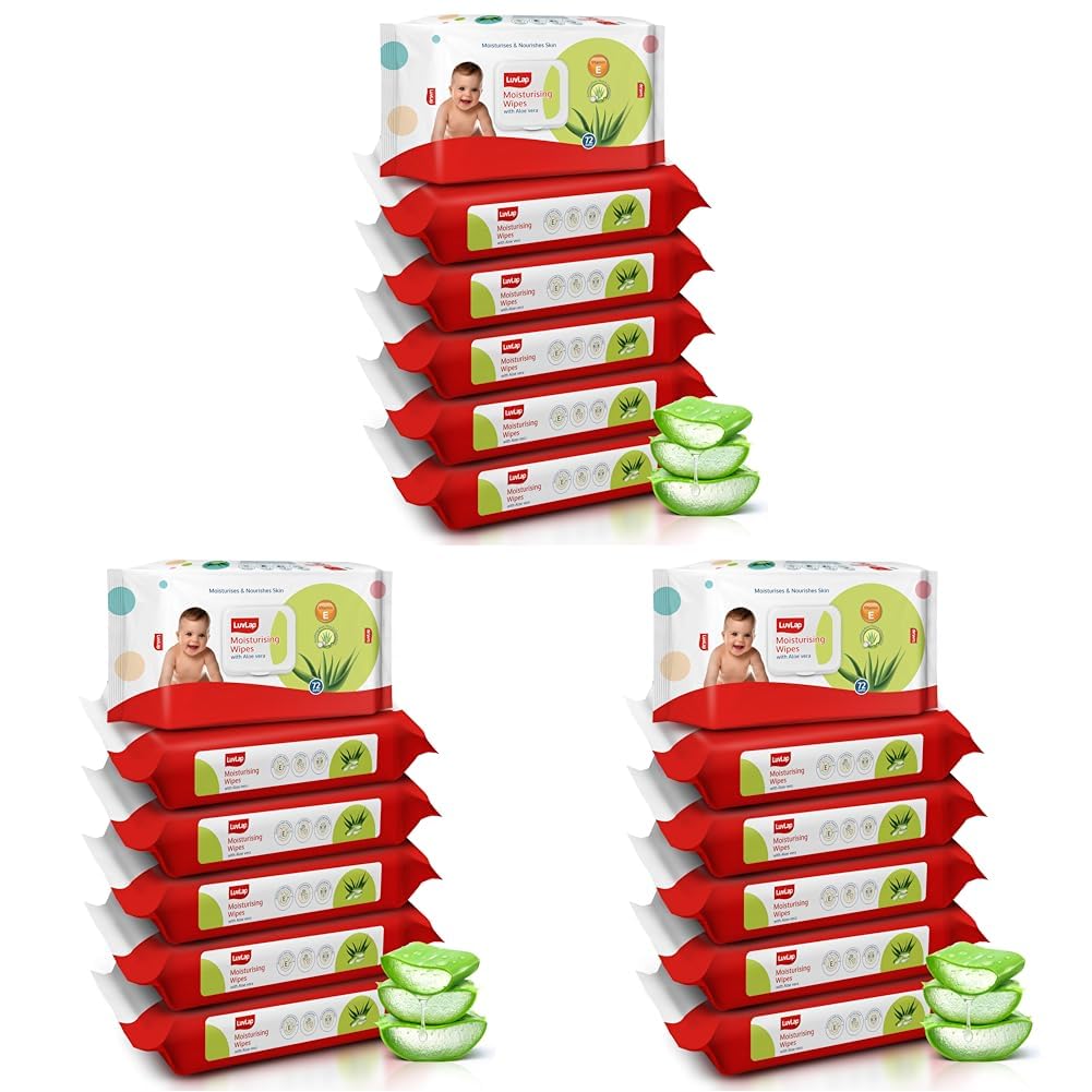 LuvLap Moisturising Wet Wipes with Lid For Baby Skin, Enriched with Aloe Vera, Vitamin E &Chamomile Extract, pH Balanced, Dermatologically Safe, Paraben & Sulphate Free, 72 Wipes, pack of6 (Pack of 3)-image-27