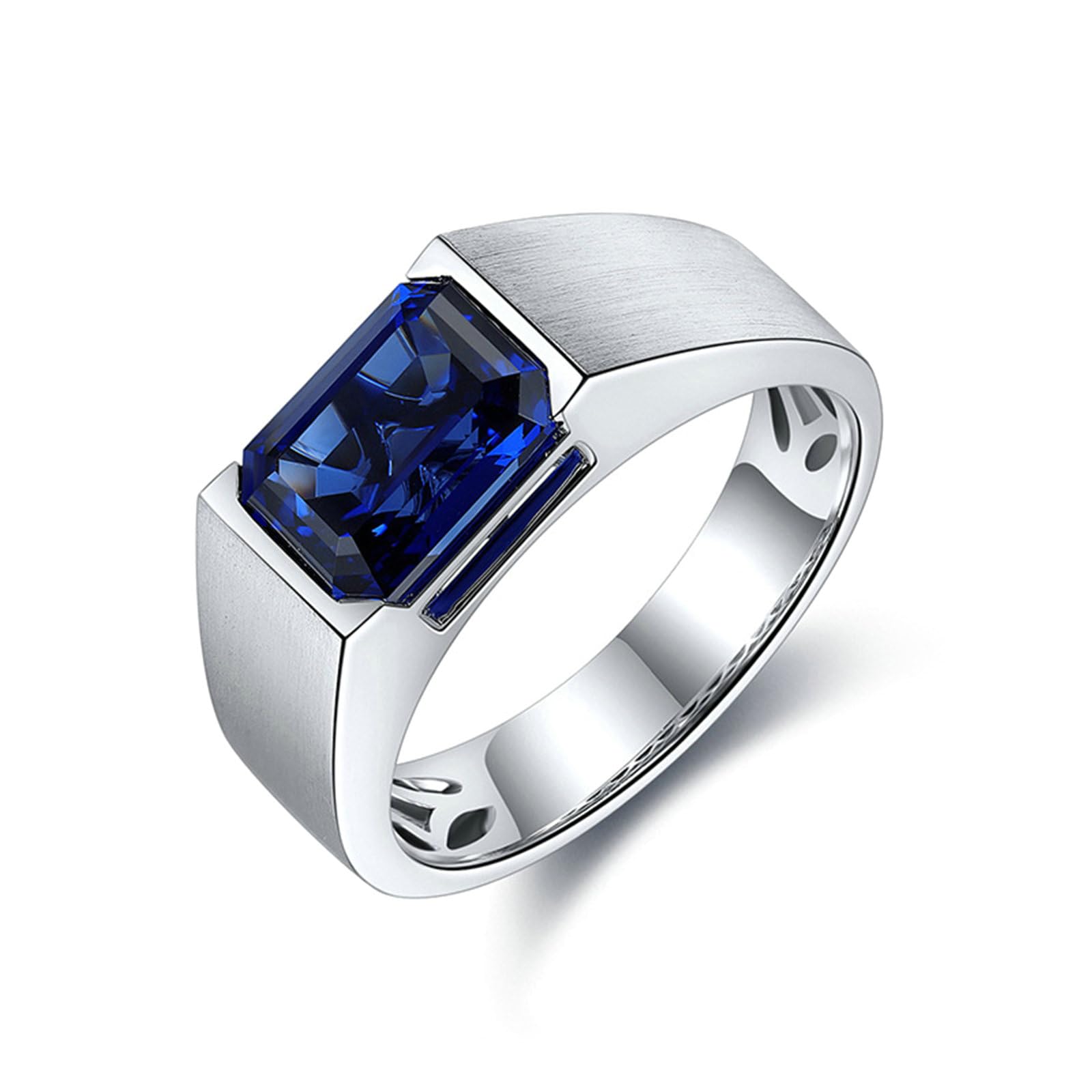 Anelli Uomo Matrimonio, Anello Uomo Oro Bianco 14Kt Zaffiro Sintetico Rettangolare da 3.51ct Solitario Opaco Anelli Fidanzamento Oro Bianco per Promessa