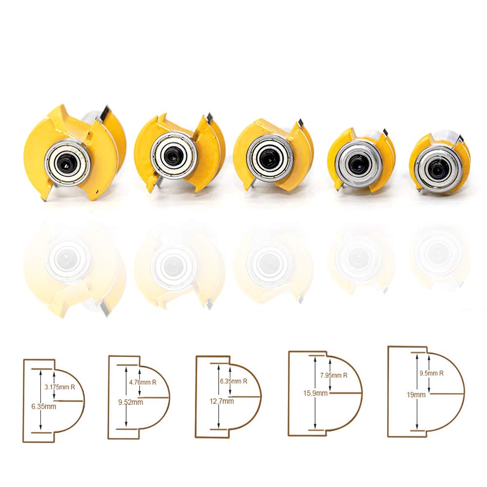5pcs 8mm Tige Demi-Ronde Bullnose Routeur Bit Fraise à Bois Coupe Rayon 3/8", 5/16", 1/4", 3/16", 1/8,Outile Pour Menuiserie