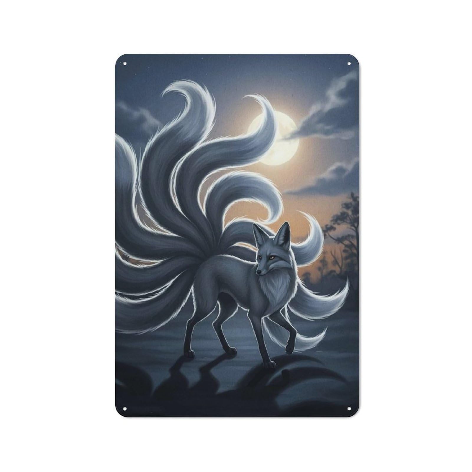 Junmoney Style-6 Vintage Metal Plaque 30X20cm Featuring Nine-Tailed Fox Moonlight For Home Bar Wall, A Metal Wall Feature For Home Bars And Entertaining Spaces