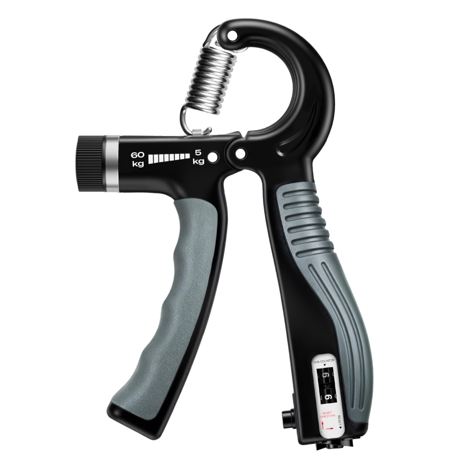 Adjustable Hand Gripper with Smart Counter, 5-60kg Resistance Grip Strength Trainer for Sports and Fitness (black grey)