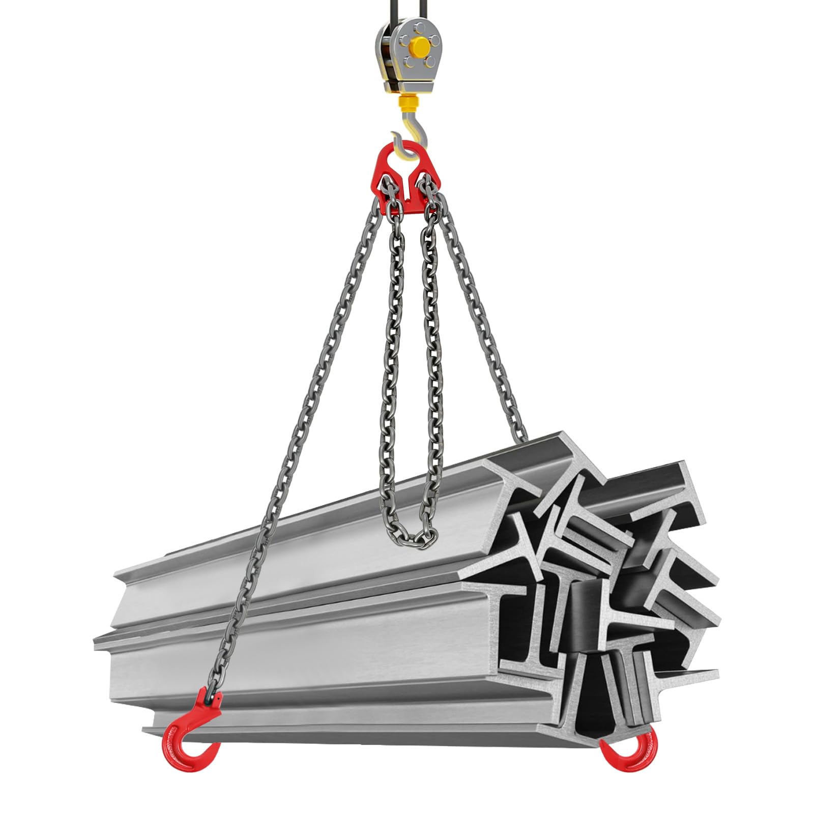 CUBELLIN Chain Sling 1/4 Inch X 10Ft Lifting Chain with Hooks Steel Chain Sling 3T Lifting Chain Length Adjustable Chain Sling with 4 Legs Grab Hooks for Lifting