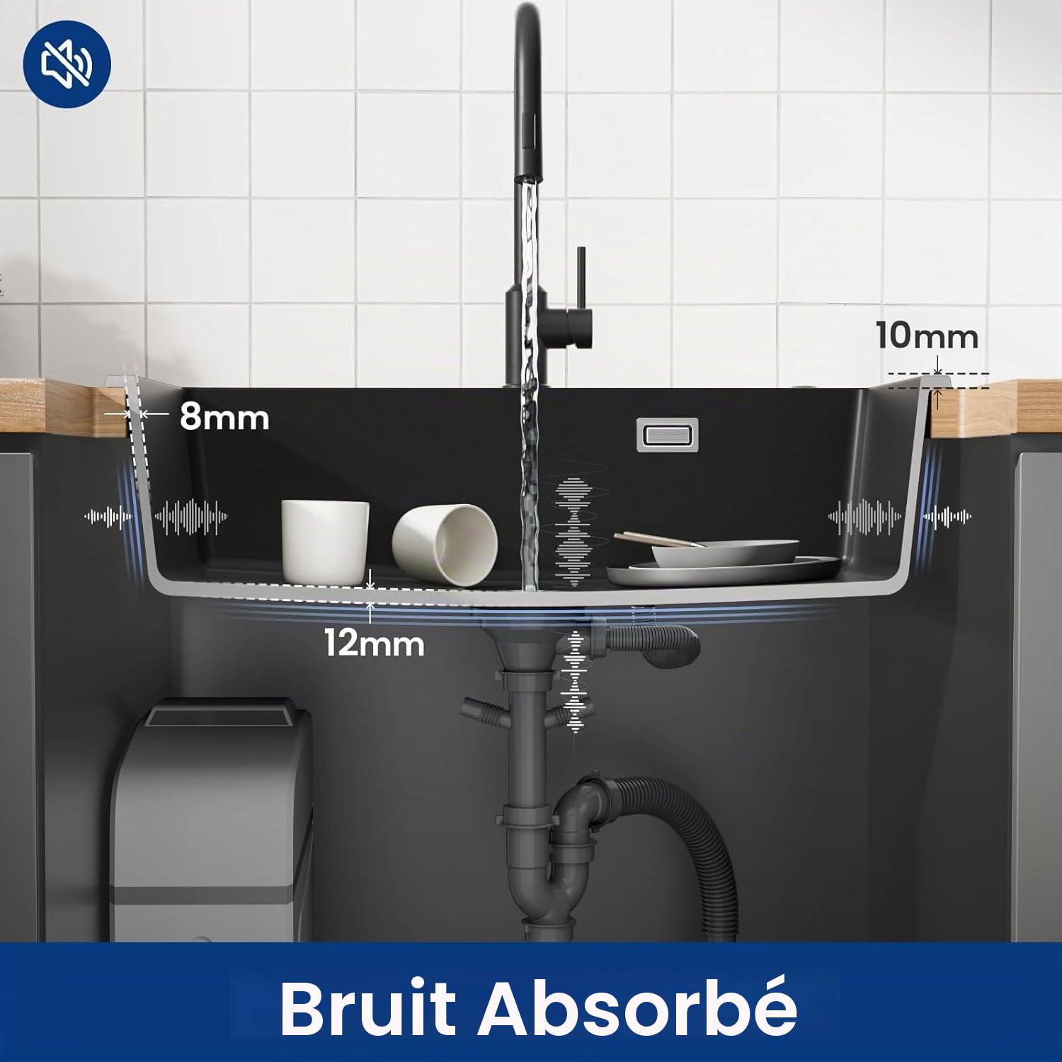 CECIPA Évier Granit Noir 70x45Cm Grand Bac, Robinet Avec Douche Extractible, Encastrable Pour Meuble 80Cm, Ensemble Vidange Inclus